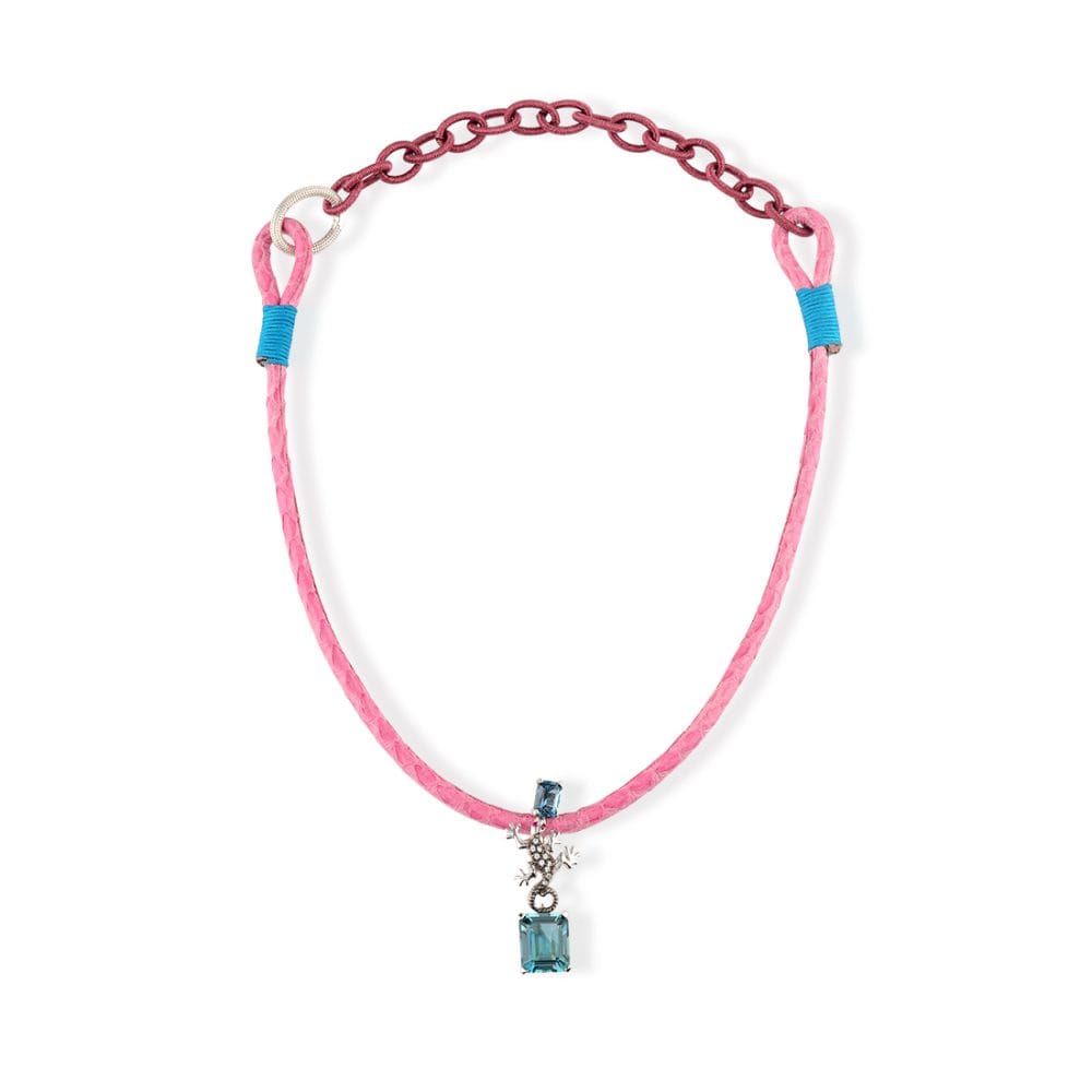 Pembe Kordonlu Mavi Topaz Kertenkele Kolye Ucu